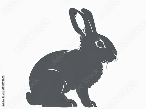 black silhouette of a rabbit sitting in profile with upright ears on a plain white background.