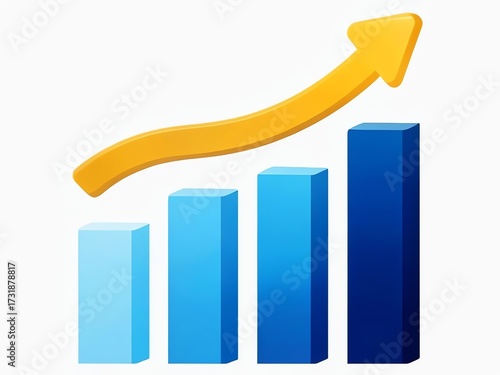 a blue bar graph with an upward curving yellow arrow symbolizing growth, progress, and positive trend in data metrics.