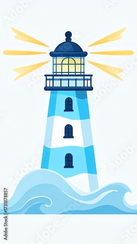 a blue and white striped lighthouse in the sea emitting bright yellow light rays amidst blue waves with a dark blue top and windows.