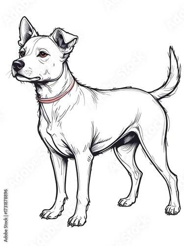 black and white line art of a terrier dog in profile with a curled tail, pink collar, and detailed reddish-brown eyes.