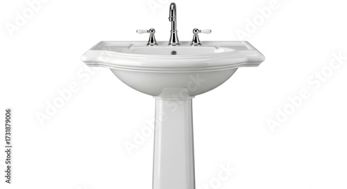 Fotografie Isolated pedestal bathroom sink fixture with polished chrome faucet and porcelai