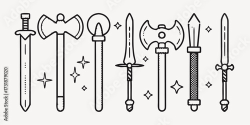 Enchanting swords and axes for fantasy adventure games and magical stories, perfect for role-playing game design or medieval themed projects
