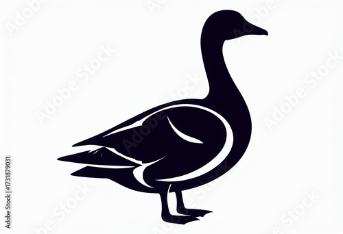 black silhouette of a goose in profile with a long neck, webbed feet, and subtle white feather details on a white background.