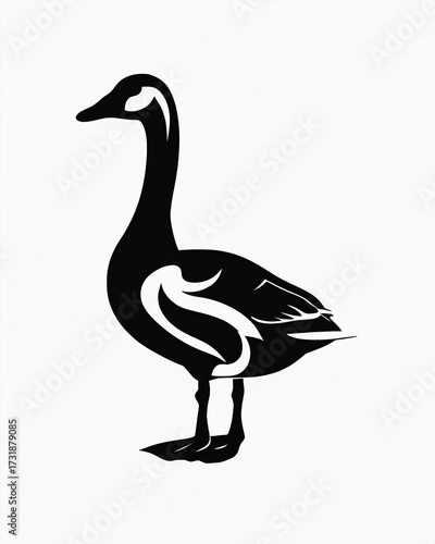 black and white vector illustration of a standing snow goose in profile with a stylized patterned silhouette.