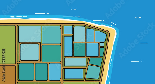 Aerial View of Aquaculture Farm Ponds and Coastal Area.