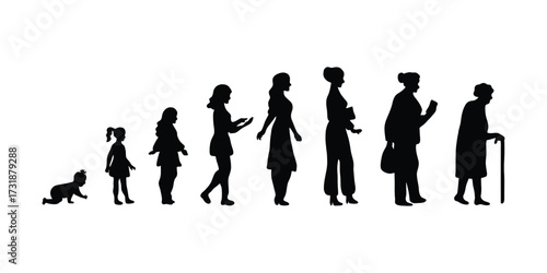 Woman Life Stages Silhouette Vector. Female Growth Timeline. From Baby to Elderly. Life Cycle of a Woman Silhouette Illustration