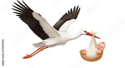Konstfotografi Isolated stork carrying a newborn baby in a basket, symbolic of childbirth, pare