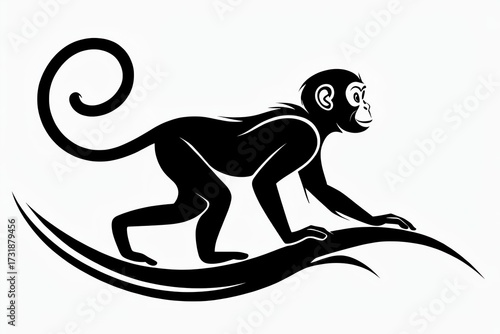 black silhouette of a monkey in a walking pose on a stylized branch with a prominent curled tail on a white background.