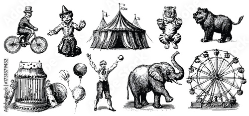 Vintage Circus Illustration Featuring Performers Animals and Attractions a Nostalgic Black and White Depiction