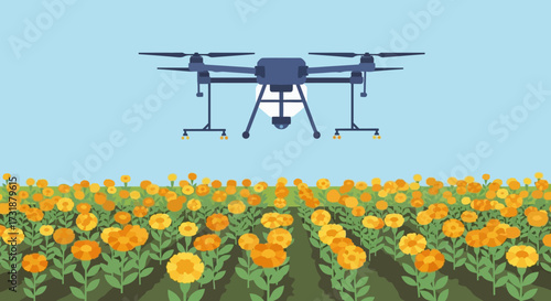 Agricultural Drone Flying Over A Field Of Flowers.