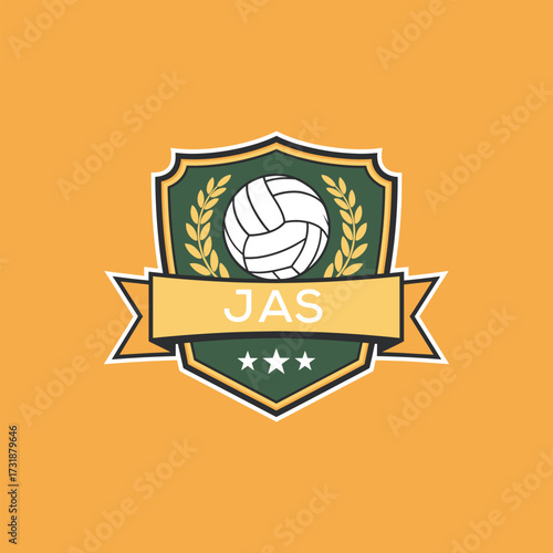 JAS Volleyball Logo Design JAS Modern Sports Shield Emblem with Ball, Laurel and Ribbon for Volleyball Club, JAS Tournament and Team Branding
