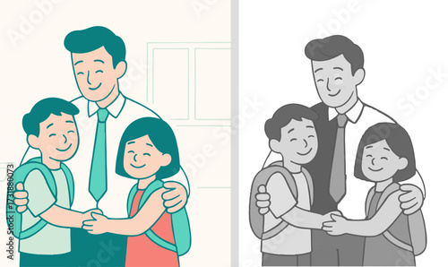 Illustration of Teacher Hugging School Children, Happy Teachers day, Teacher hugging students, flat illustration, warm embrace, school children, happy students