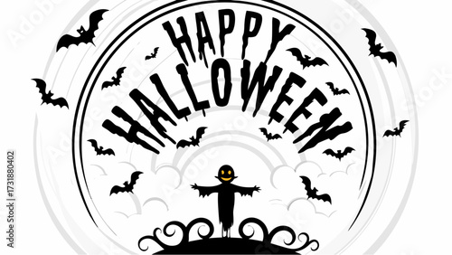 A halloween themed illustration featuring bats, a scarecrow and the words happy halloween in black