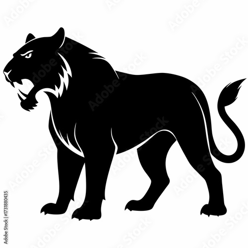 Vector illustration of silhouette of a roaring black panther with sharp teeth and a bushy tail, isolated on a, representing power and wild nature
