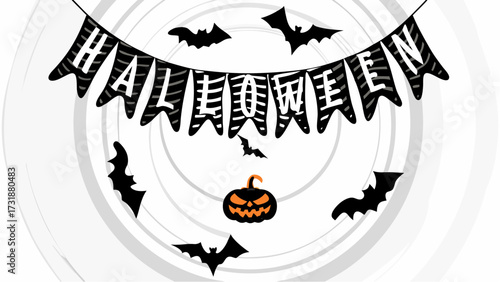 Halloween banner with bats and a pumpkin against a swirling white and gray background design element
