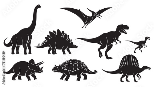 Set of dinosaur silhouettes prehistoric creatures in black vector illustration isolated on white background