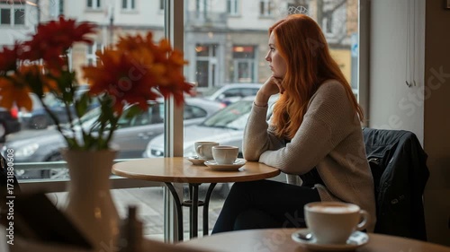Woman sitting at a cafe table looking out the window