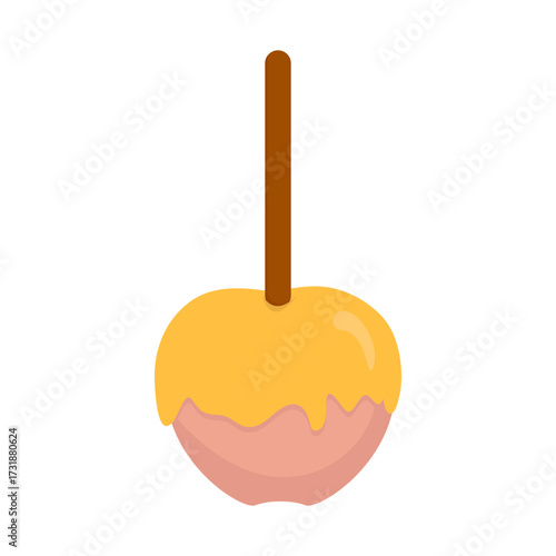 Caramelized apple on stick. Autumn candy snack in flat vector style