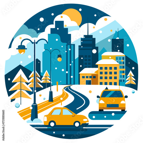 Vector illustration of winter cityscape with snow falling and cars driving on a road, featuring tall buildings and streetlights