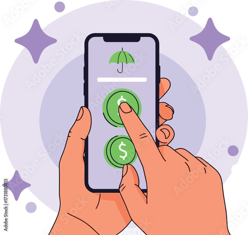 Hand using insurance app on smartphone isolated on white background