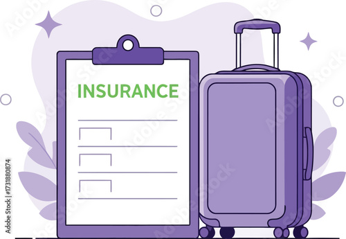 Travel insurance document and suitcase isolated on white background