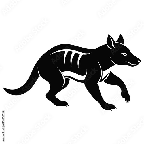 Vector illustration of a black silhouette of a tasmanian tiger thylacine walking with white stripes on its back