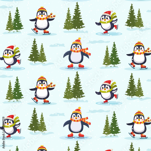 Penguins in hats and scarves are skating.Vector seamless pattern with penguins on skates and green Christmas trees.