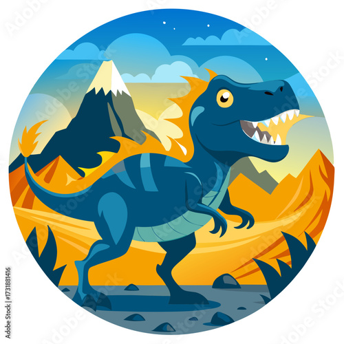 Vector illustration of a blue cartoon tyrannosaurus rex dinosaur in a prehistoric landscape with mountains and fiery sky