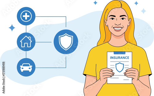 Woman holding insurance policy, representing health, home, and car coverage