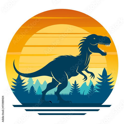 Vector illustration of silhouette of a tyrannosaurus rex dinosaur against a vibrant sunset with stylized trees and mountains, creating a retro or vintage graphic design