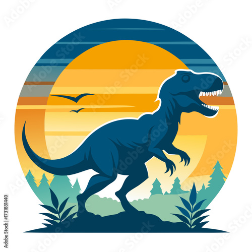 Vector illustration of a blue tyrannosaurus rex dinosaur in silhouette against a colorful sunset, with stylized trees and birds flying in the sky, evoking a prehistoric scene