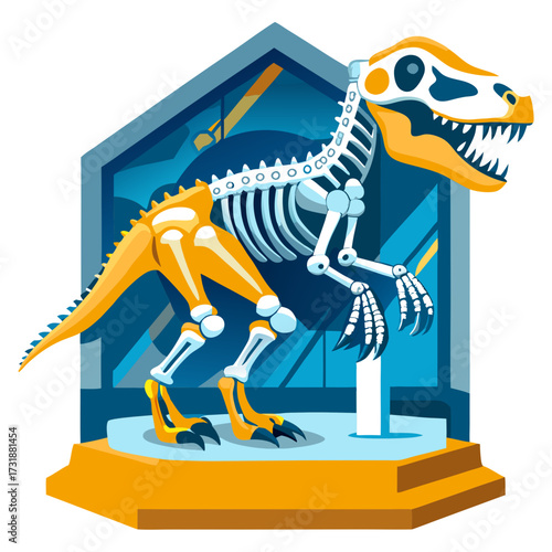Vector illustration of a vibrant depiction of a tyrannosaurus rex skeleton, presented in a museum setting with a striking yellow and blue color scheme, highlighting its imposing structure