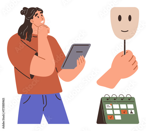 Woman holding tablet, pondering next to a hand holding a happy mask and a calendar. Ideal for planning, decision-making, identity, scheduling, mental health, emotional awareness, self-reflection
