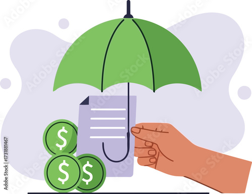 Hand holding umbrella over insurance document and money, isolated on white background