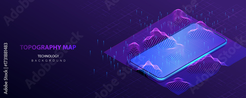 Topography map on phone in isometric view vector illustration.