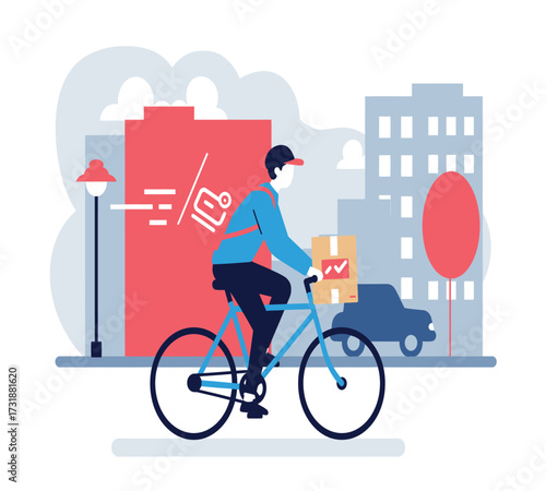 Flat vector design of bicycle courier delivering e-commerce package, bold colors, simple shapes, urban background