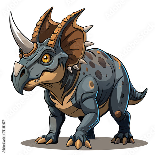 Vector illustration of a cartoon triceratops dinosaur with a grey body, brown frill, and large horns, isolated on a