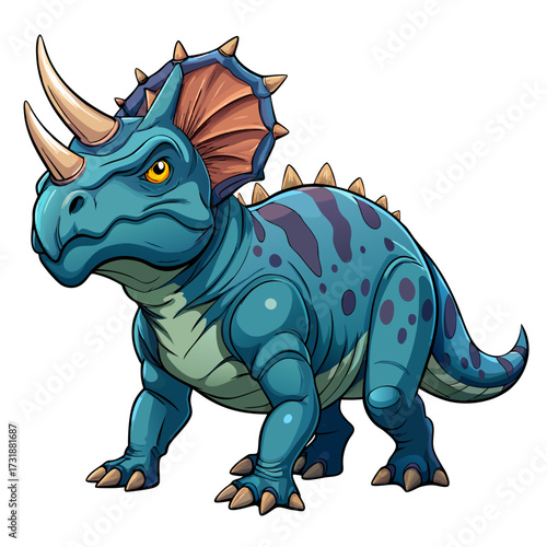 Vector illustration of a vibrant blue cartoon triceratops dinosaur with a brown frill and yellow eyes, isolated on a