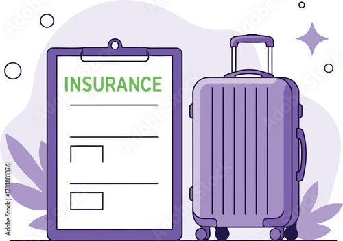 Travel insurance policy with suitcase isolated on white background