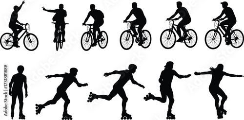 Silhouette collection of people doing sports, including cycling, roller skating, and running