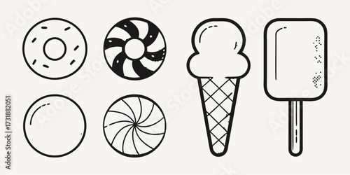 Sweet treat icons for summer fun and childhood memories, a playful and whimsical collection perfect for designs needing a touch of lighthearted joy