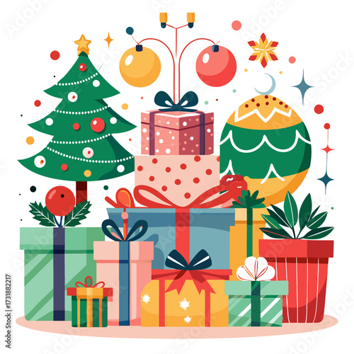 Vector illustration of a festive arrangement of christmas gifts and a decorated tree, symbolizing the holiday season and giftgiving traditions