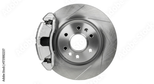 Foto Isolated brake disc and caliper, rotor with cooling grooves, vehicle spare part
