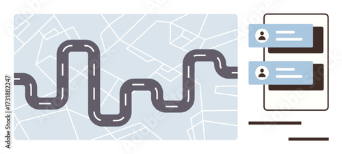 Winding road atop white map background paired with smartphone message interface. Ideal for navigation, travel planning, logistics, mobile communication, connectivity, direction, digital interaction