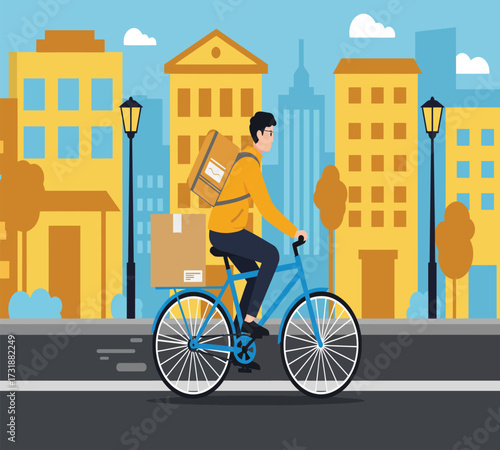 Flat vector design of bicycle courier delivering e-commerce package, bold colors, simple shapes, urban background