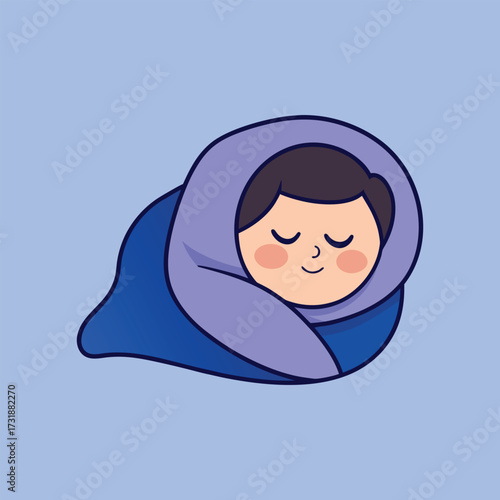 A cartoon depiction of a baby sleeping, comfortably swaddled in a blue blanket.