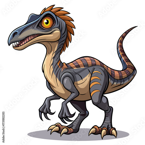 Vector illustration of a cartoon velociraptor dinosaur with sharp claws and teeth, standing on a