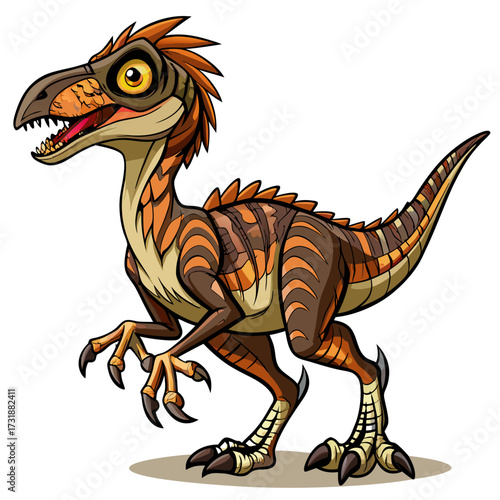 Vector illustration of a cartoon illustration of a velociraptor dinosaur with orange and brown stripes, in a dynamic pose on a