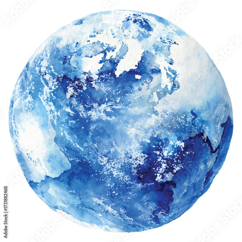 Watercolor Earth illustration depicting the continents oceans and atmosphere beautifully rendered with blue and white pigments