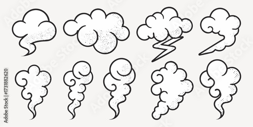 Whimsical cloud collection perfect for creative designs, storybook illustrations, and weather-themed projects, adding a touch of playful imagination